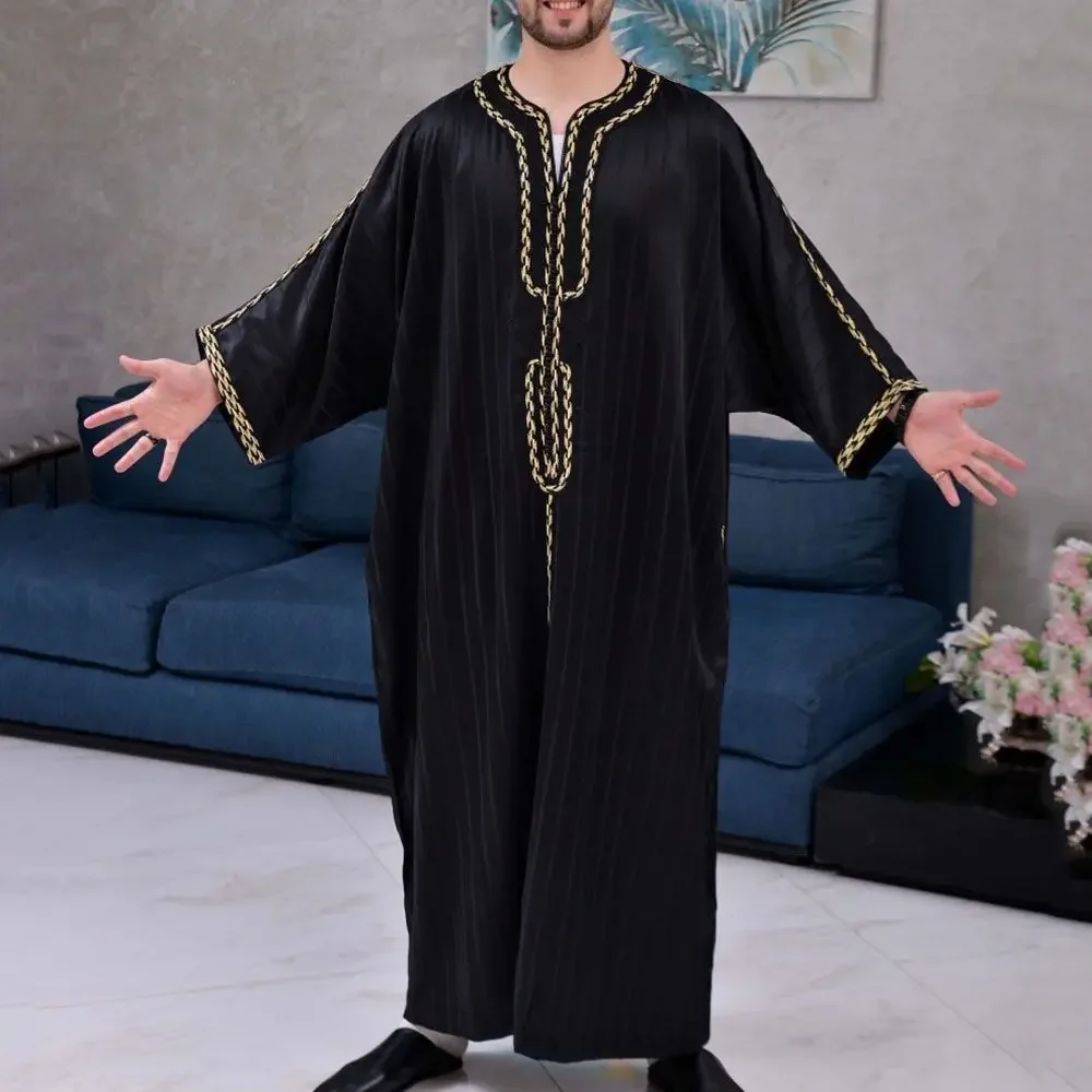 Men Muslim Summer Fashion Loose Robe Islam Kaftan Men Clothing Dubai Luxury Muslim Abaya Muslim V-neck Short Sleeve Printing