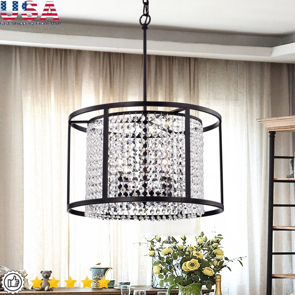 

Antique Bronze Crystal Chandelier Circular Pendant Light Fixture Indoor Metal Adjustable Height Hardwired Elegant Home Decor