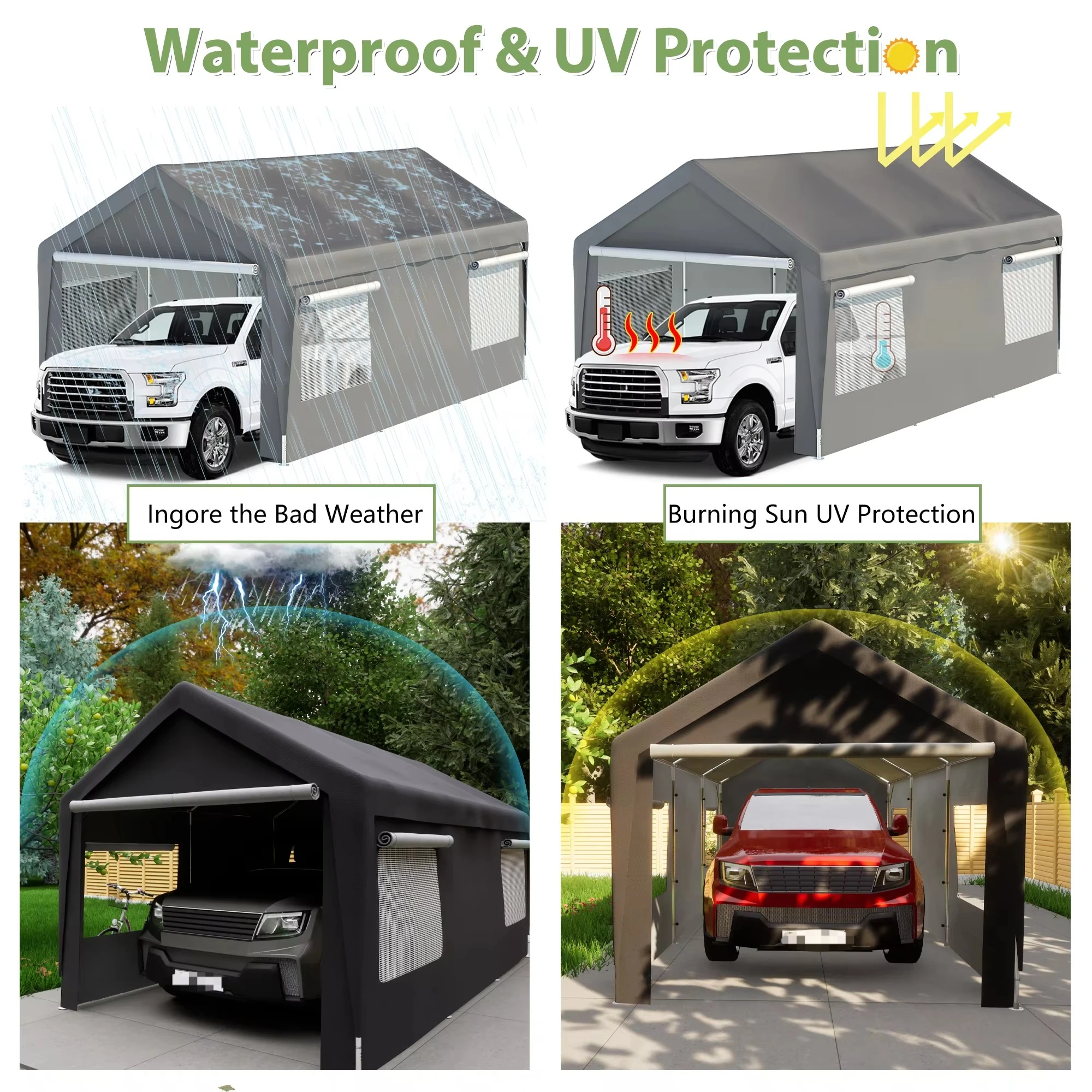 Carport Canopy 10x20 FT Heavy Duty Boat Car Canopy Garage With Removable Sidewalls and Roll-up Ventilated Windows
