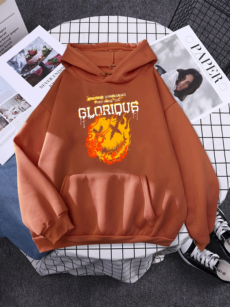 

Slogan With Flame Print Women Hoodie Autumn Loose Warm Sweatershirt Simple Comfortable Tracksuit Sports Pocket Streetwear