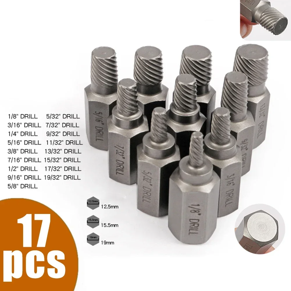 17Pcs Screw Extractor Kit Alloy Steel Damaged Screw Remover Set Metal Easy Out Drill Bits Bolt Stud Multi-Spline Screw Extractor