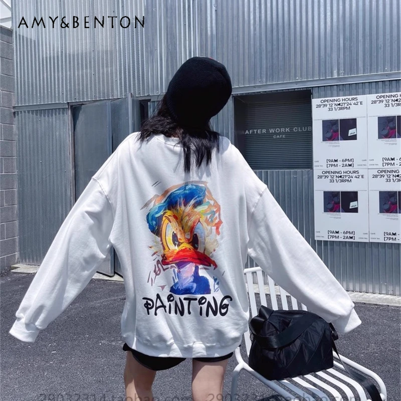 

European Style Loose Oversized Hoodies Slimming Autumn Mid-Length Long Sleeves Letter Cartoon Versatile Crew Neck Top Sweatshirt