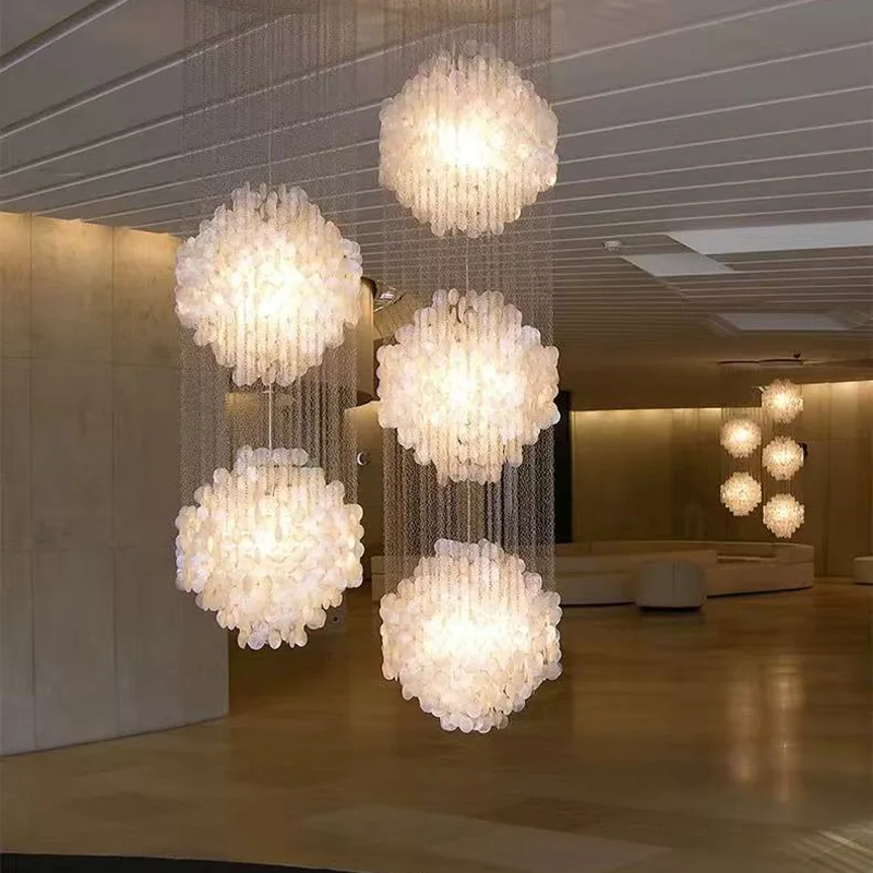 2025 New Designer Natural Shell Spherical Chandelier Iron White Adjustable Three Color Customizable Pendant Lamp Ceiling Luster