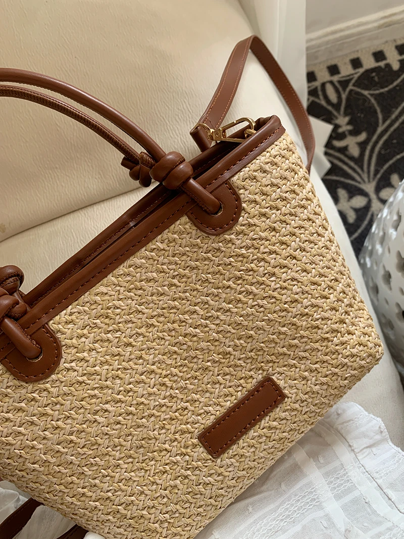 Summer Vacation Women\'s Beach Straw Shoulder Bag Retro Design Ladies Portable Crossbody Bags Knot Basket Woven Tote Handbags