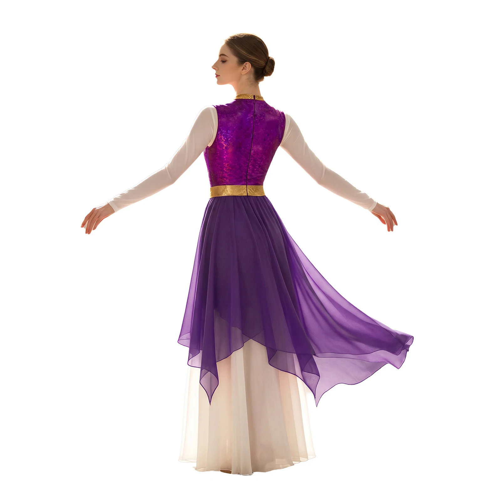 Damen-Lyrik-Tanzkleid, Kostüm für Gottesdienste und Lobgesänge, mit Metallic-Print, aufgesetztem Oberteil, Schlüssellochausschnitt vorne, ärmellos, unregelmäßiger Saum, Tunika-Kleid. – Detail 17