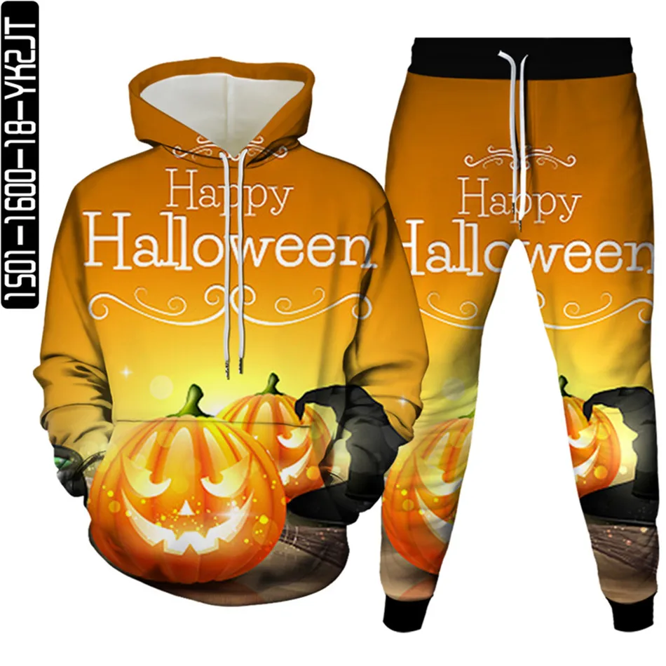 Holloween Punk Style Clothes Suit Pumpkin Lantern Skull Moon Print Men Hip Hop Tracksuit Women Fashion Hoodies+Trousers 2PcSets