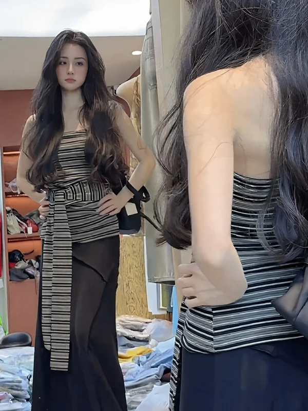 

Korean Design Striped Tie- Waist Vest Women's Summer New High Waist Slimming Skirt Fashionable Two-Piece Set round Neck Long ...