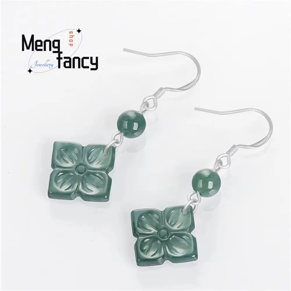 S925 Silver High-grade Natural A-goods Jadeite Blue Water Ice Jade Earring Exquisite Best Selling Luxury Fashion Elegant Jewelry