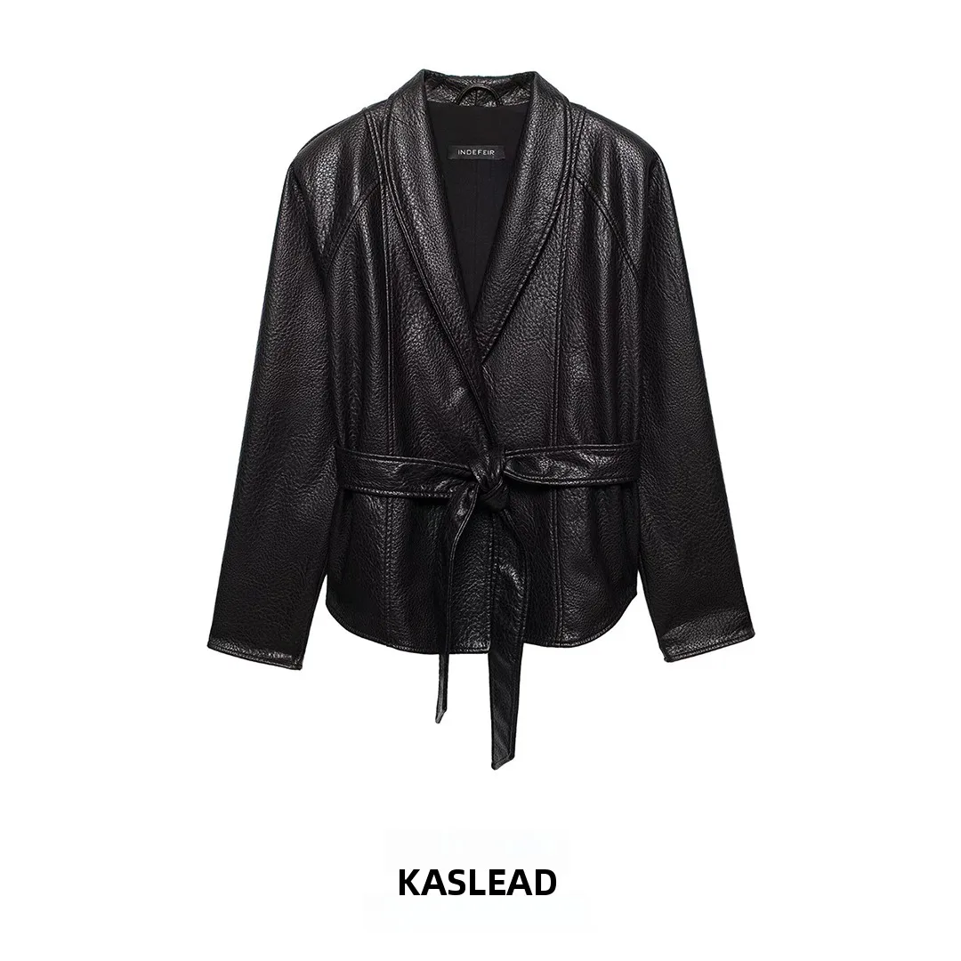

KASLEAD New Women's Fashion Leather Effect Jacket with Belt Stylish Wind Coat Long Sleeve Polyester Fiber Spring Season