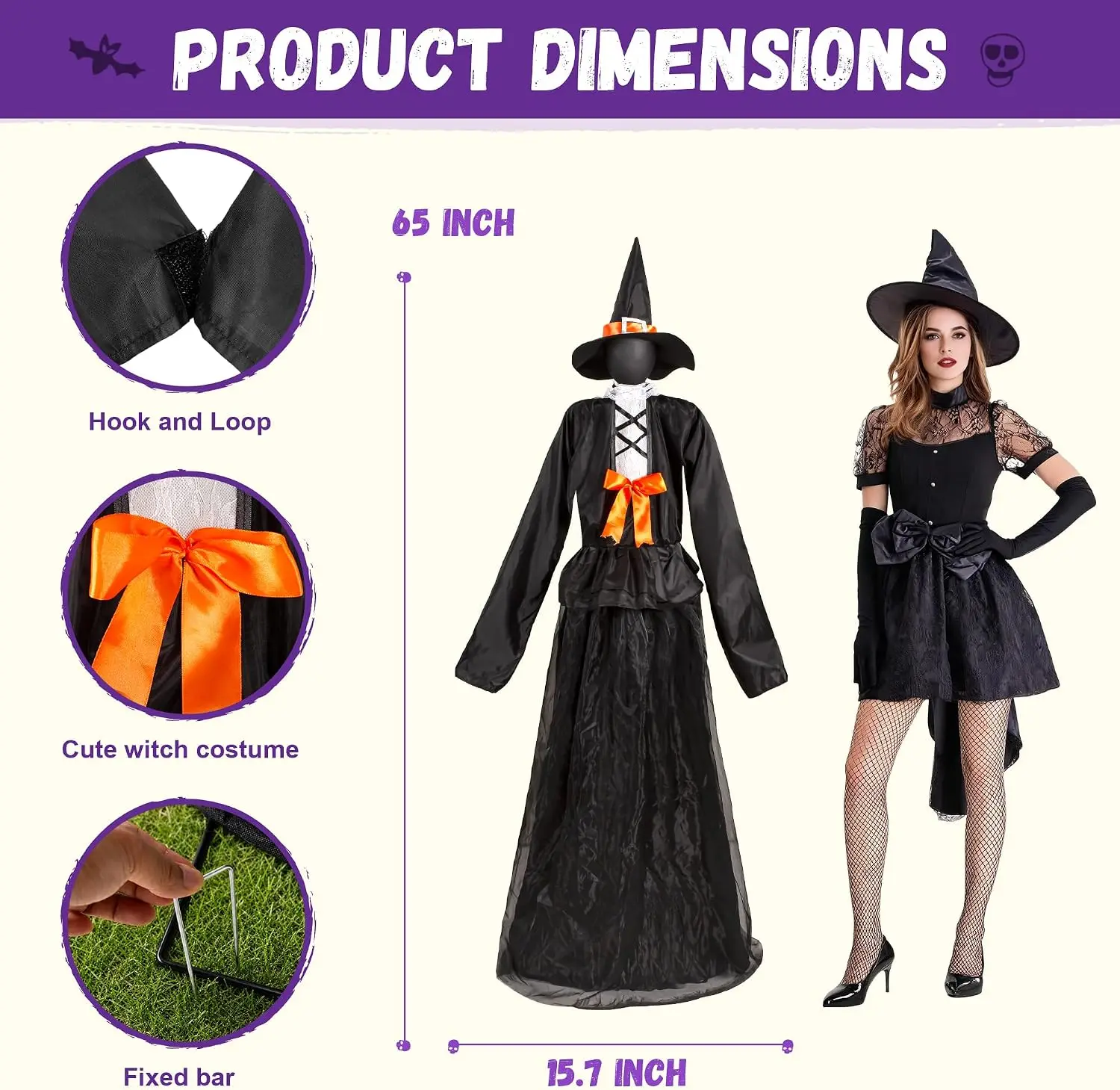 Halloween 65inch Light Up Witch Decoration Set 3 Outdoor Graveyard Atmosphere Prop Metal Base WaterProof Solar Powered Control B
