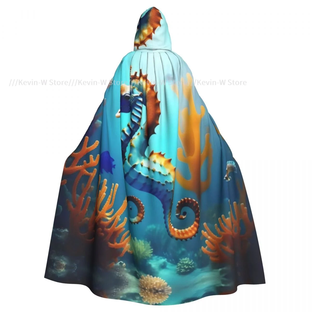 Adult Cloak Cape Hooded Sea Bottom Coral Seahorse Medieval Costume Witch Wicca Vampire Elf Purim Carnival Party