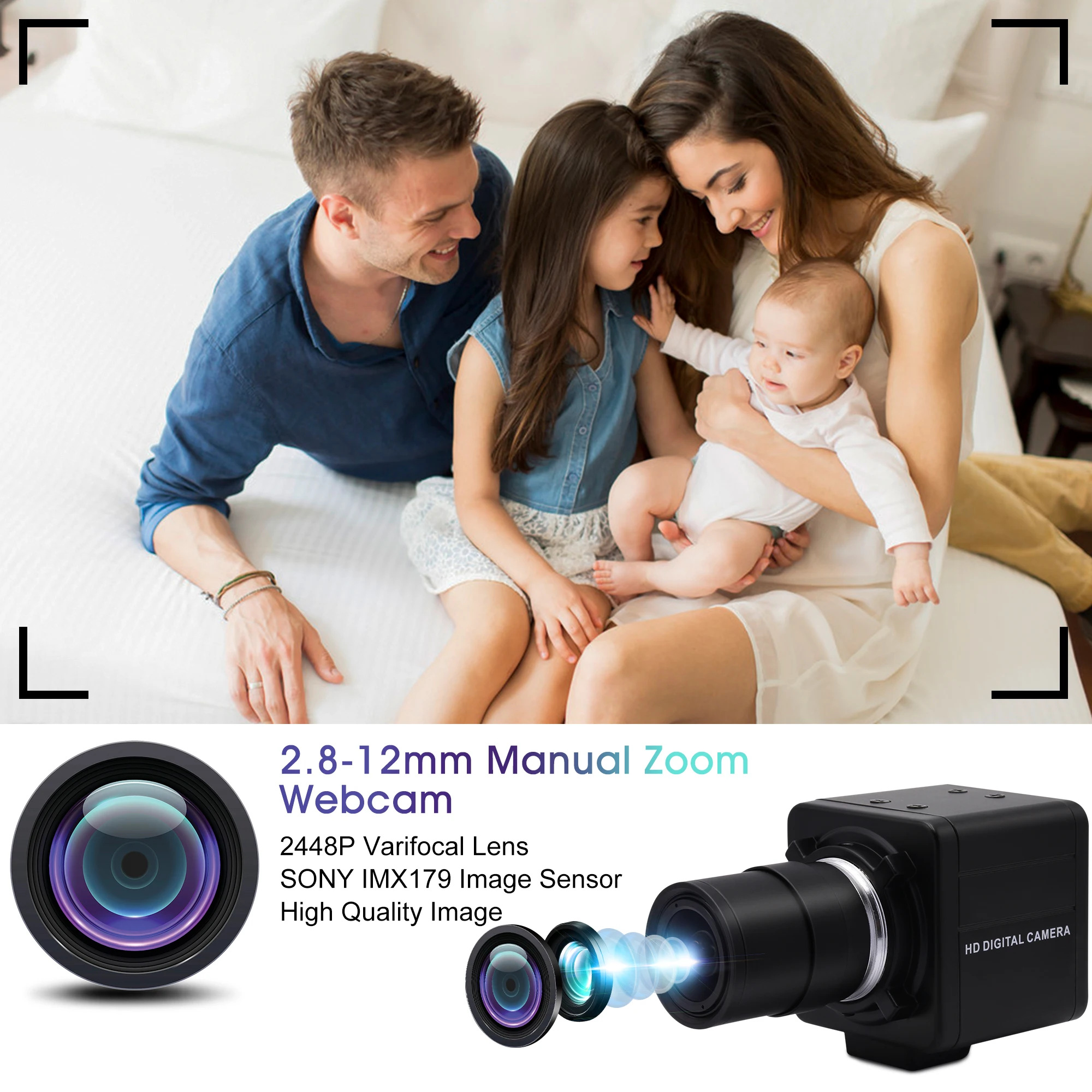 GOOD High Definition CMOS  IMX179 8MP USB Camera with CS 2.8-12mm Varifocal Manual Zoom Lens for CCTV Security Surveillance