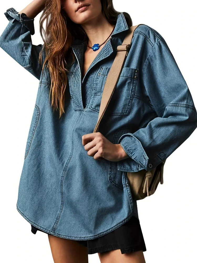 

American Retro Half Placket Pullover Denim Jacket Women's Spring Loose Casual Slimming Long Sleeve Office Versatile Denim Shirt