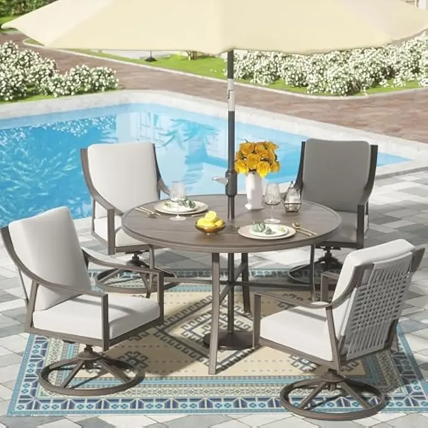 5-Piece Outdoor Patio Dining Set, 4pcs Patio Swivel Rocking Chairs and 38’’ Round Dining Table with 1.65’’ Umbrella Hole