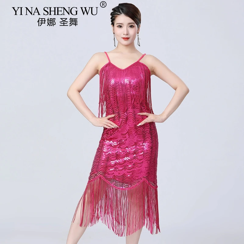 Robe de danse latine à franges pour femmes, nouvelle collection, Sexy, écharpe, paillettes, pompon, Costume de danse de salle de bal moderne, robe de Cocktail Gatsby