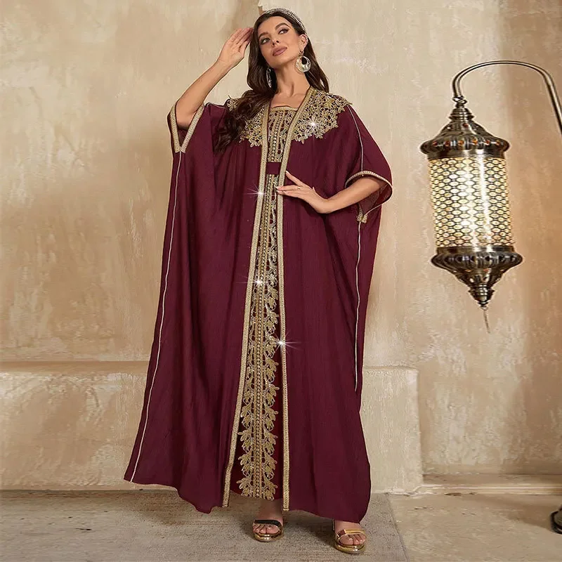 Eid Muslim Abayas for Women Party 2 Piece Set Embroidery Cardigan Robe Lace Up Dress Morocco Kaftan Islam Ramadan Dubai Vestidos