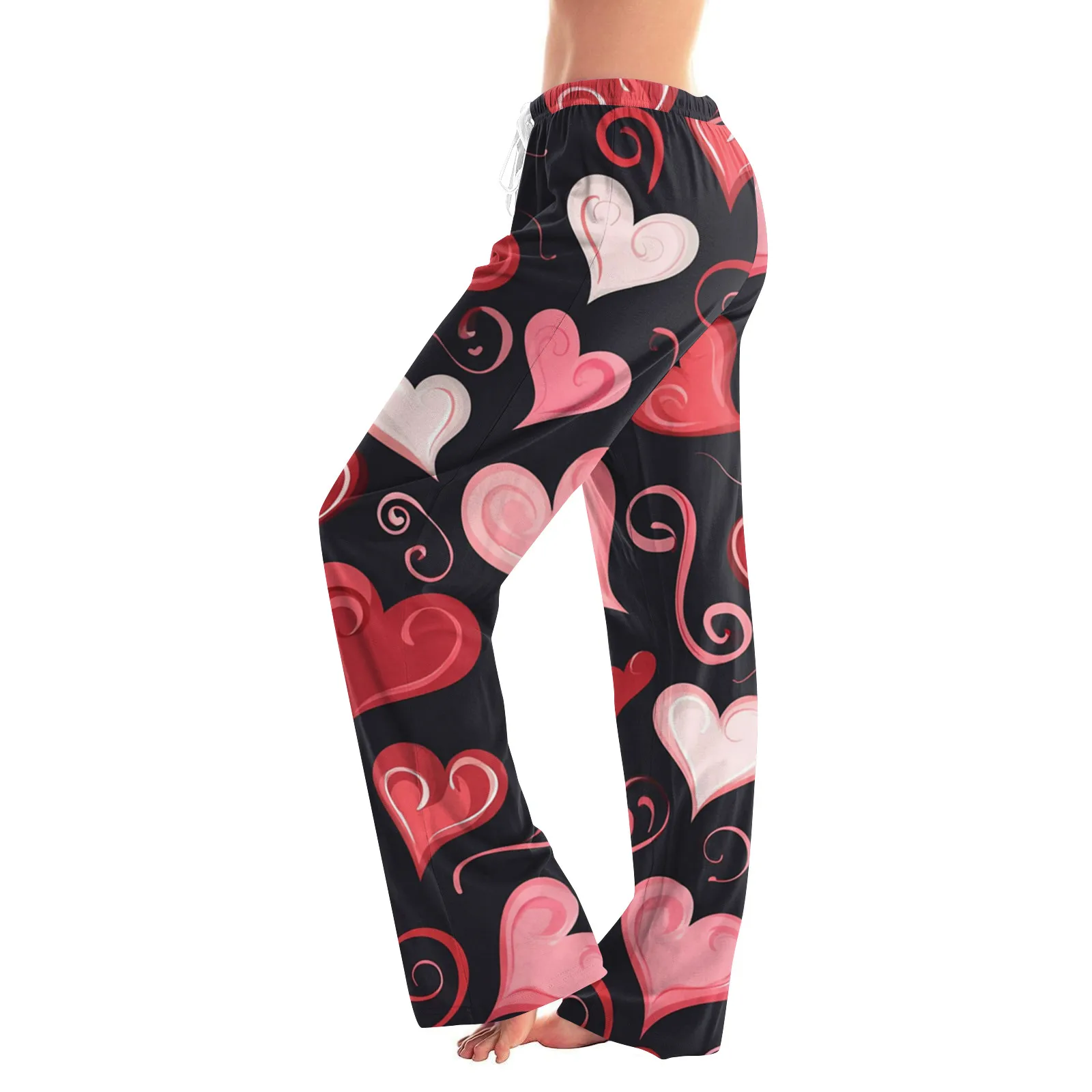 

Женские широкие брюки с принтом сердца на День святого Валентина, мягкие брюки с эластичной резинкой на талии, осенне-зимние повседневные брюки, домашние брюки для сна