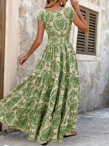 Imagen 2 del producto 2025 vestido estampado vintage moderno y elegante mono de manga corta con cuello en V falda larga ropa de mujer