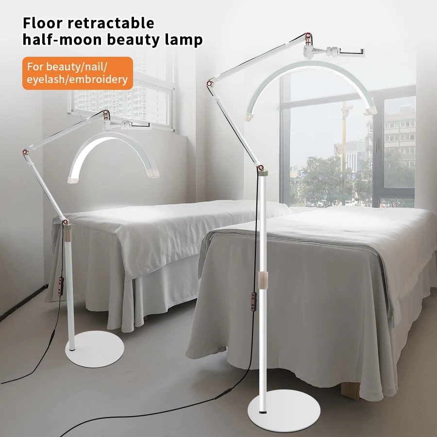 Half-moon floor lamp, Beautician technical lamp eyelash lamp, adjustable height stand, 360° rotation of multi-function fill ligh