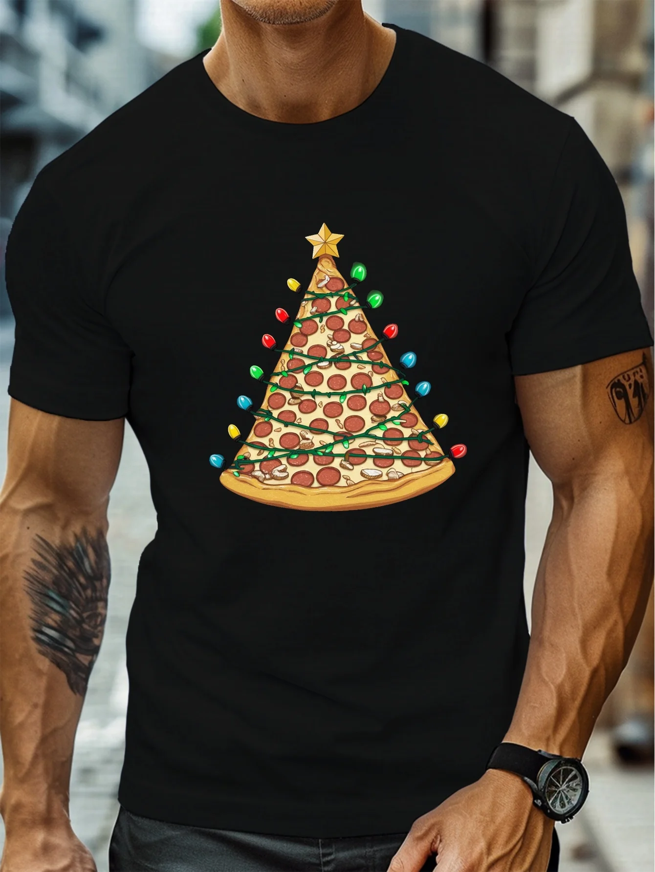 남성용 피자 크리스마스 트리 티셔츠, 여름 캐주얼 라운드 넥, 스트레치 니트 원단, 레귤러 스타일, 기하학적 패턴