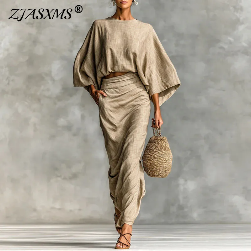 Retro Solid Cotton Linen Woman Clothing Elegant Crew Neck Batwing Sleeve Top Pullovers And Pleated Skirts Suit Autumn Outfit Set