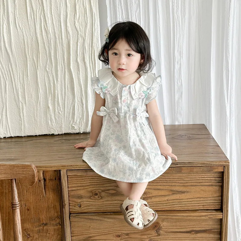 Summer Baby Girls Dress Floral Princess Flutter Sleeve Cotton Blue Cute Lace Collar Soft Toddler Casual Dresses 0-1 Years