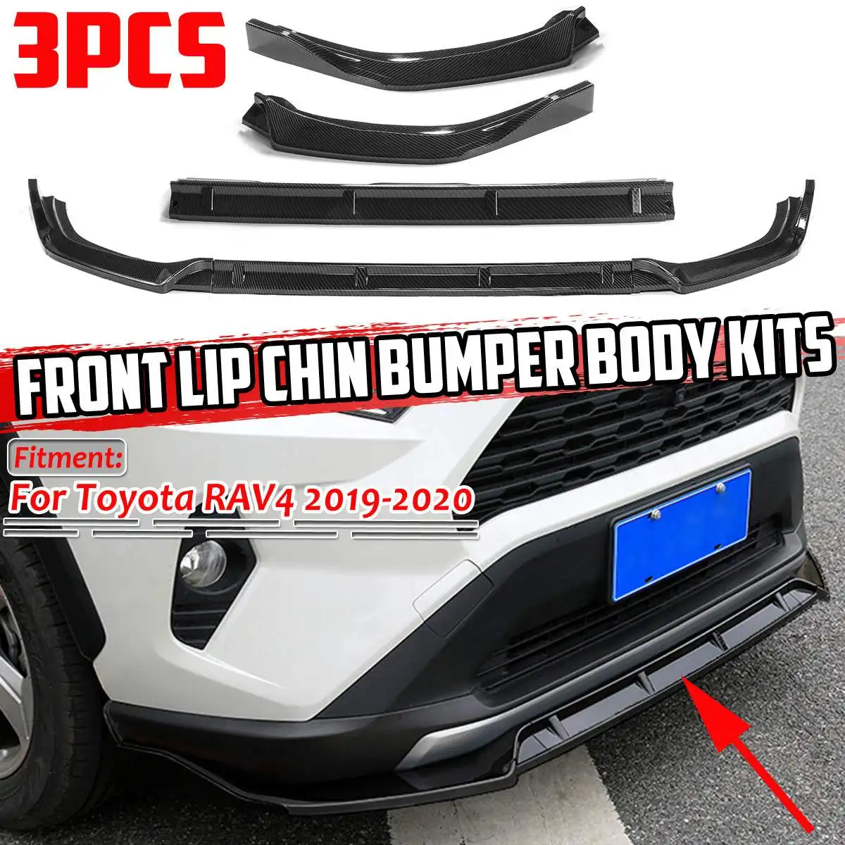 3pcs Car Front Bumper Splitter Lip Spoiler Diffuser Guard Protection Chin Bumper Lip Deflector Lips For Toyota RAV4 2019-2020