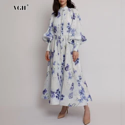 VGH Hit Color Print Elegant Long Dresses For Women Stand Collar Lantern Sleeve High Waist Spliced Single Breasted Dress Female