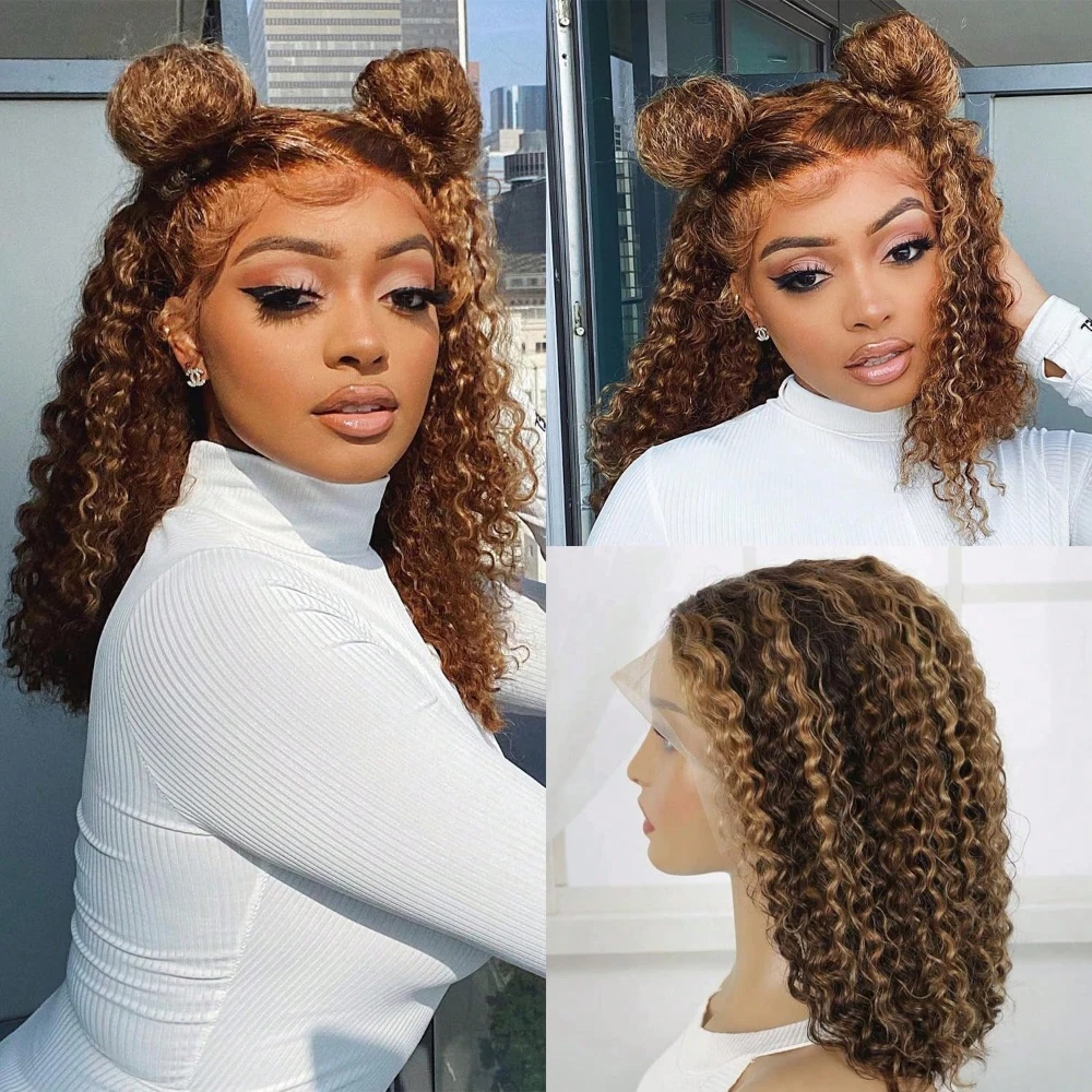 

Highlight 4/27 Water Wave Bob Wig 13x4 Lace Frontal Bob Wigs Human Hair Brown Blonde Culry Deep Wave Bob Wig Remy Hair For Women