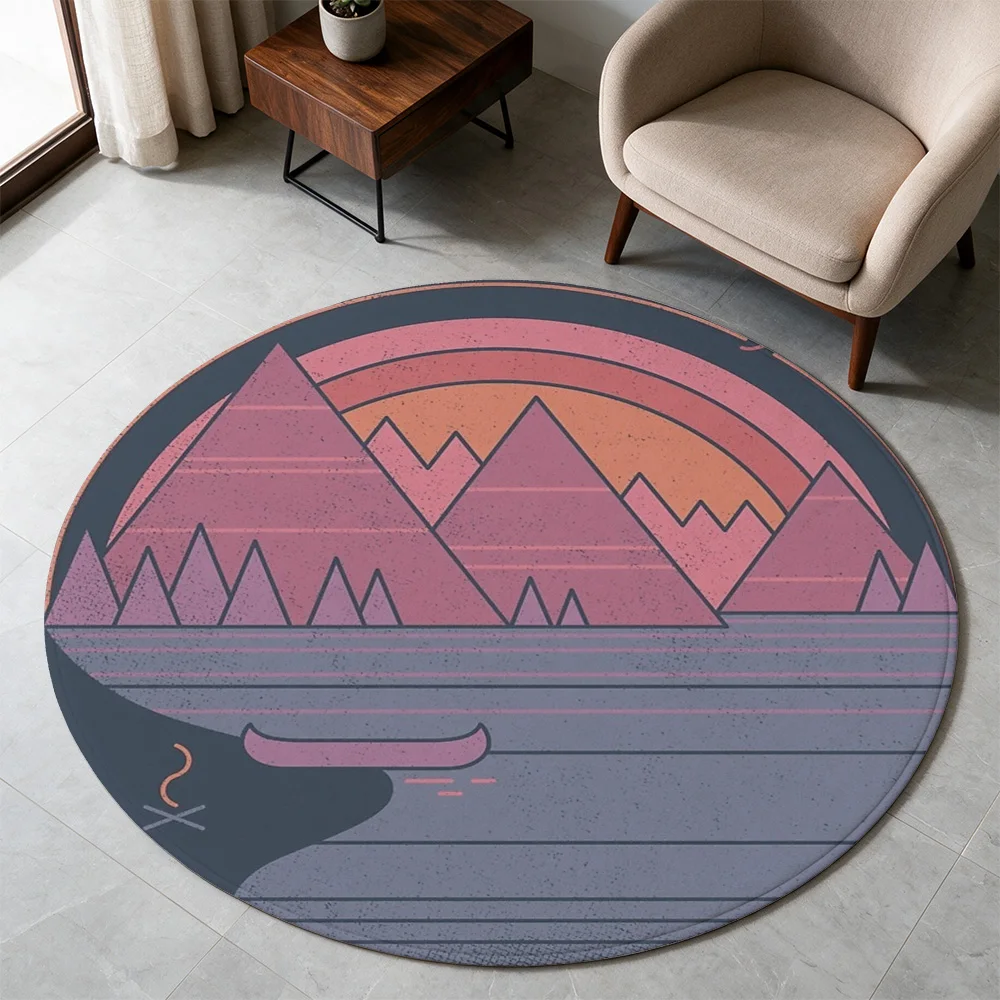 Boho Sunset Mountains Round Area Rug Bohemian Style Sunrise Landscape Mat for Living Room Decor