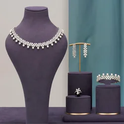 JEWEL Luxury Cubic Zirconia Necklace Bracelet Earrings and Ring 4pcs Dubai Full Jewelry Set For Women,Bridal Dress Dinner