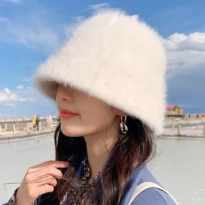 

Fashion Rabbit Fur Bucket Hat Female Furry Fisherman Hats Korean Version Warm Autumn and Winter Plush Cover Face Sunscreen Caps