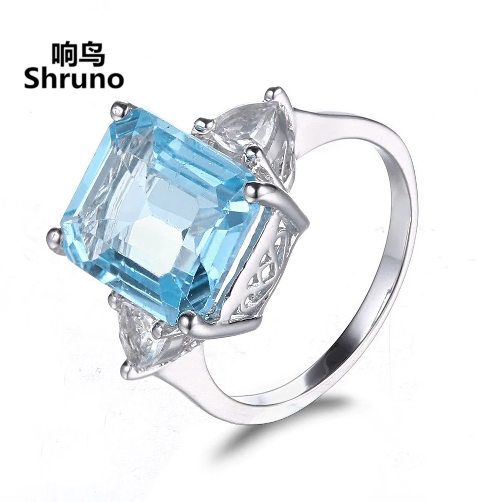 Shruno Solid 14K White Gold 10x13mm Radiant Cut Blue Topaz Engagement Ring Real White Topaz Trendy Fine Jewelry