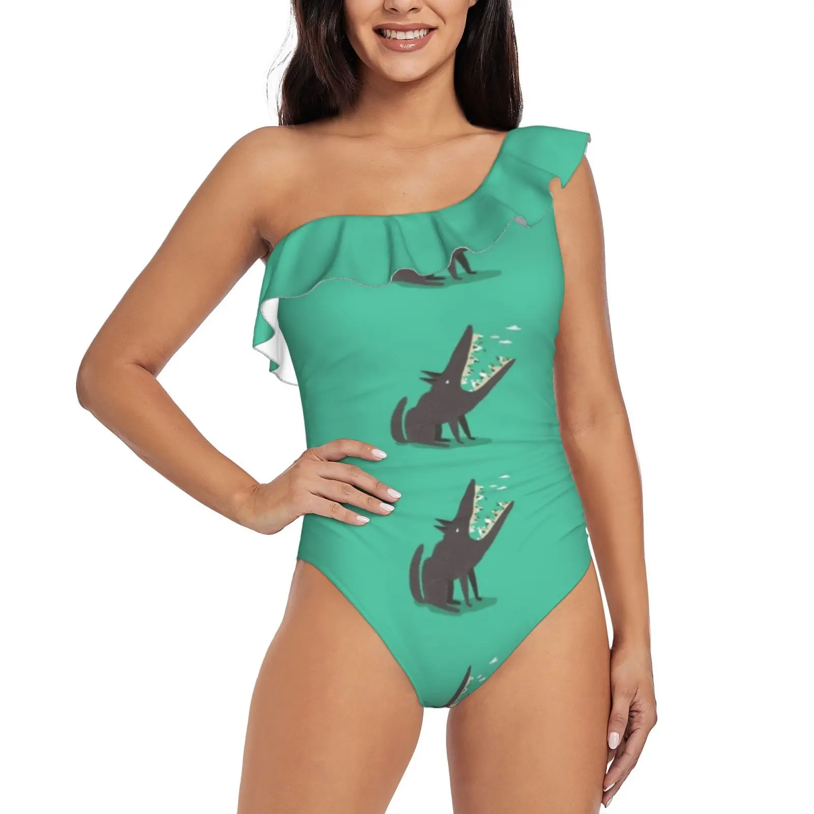 

Wolf! One-Piece Swimsuit One Shoulder Ruffle Swimsuit Sexy Monokini New Girl Beach Swimwear Wolf Blue Sheep Fir Mountain Deer