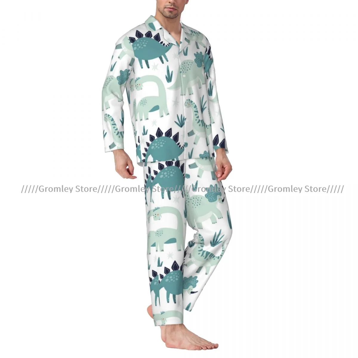 

Men Pajama Sets Cute Dinosaur Illustration Sleepwear For Man Shirt Long Sleeve Male Soft Home Loungewear