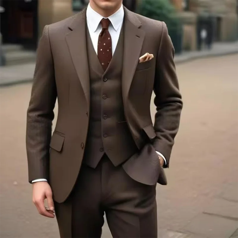 

Men's clothing Brown Men's suits 3 Piece Jacket Pants Vest Male Clothing Slim Fit Full Sets Single Breasted Notch Lapel Clothing