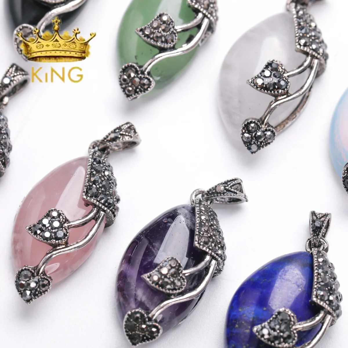 Initial Small Stone Genuine Crystal Horse Eye Shape Smooth Agates Silver Edged DIY Charm Necklace Pendant of Assorted Color