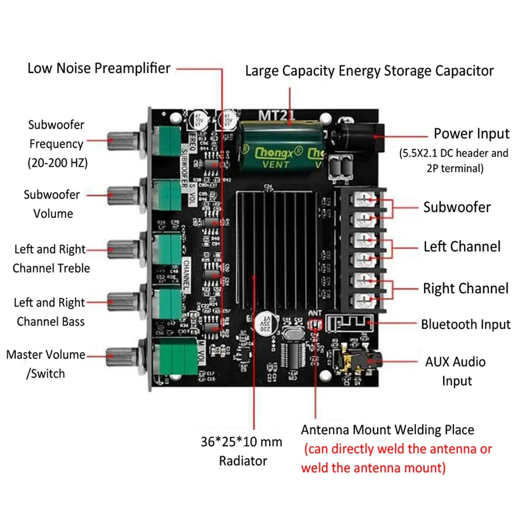 WOOPKER ZK-MT21 Sound Amplifier Module 2x50W+100W 2.1 Channel Subwoofer Bluetooth 5.0 Digital Power Amplifier Board AUX 12V/24V