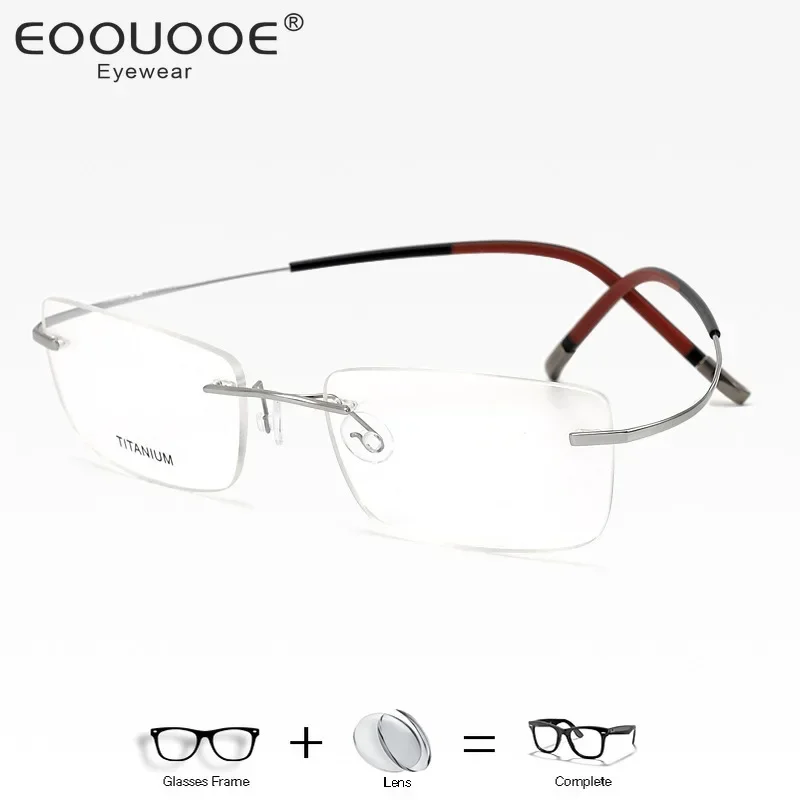 

Man's Frameless Prescription Glasses with Lenses 100% Pure Titanium Square Frames Super Rlastic Temple Rimless Glasses 7577