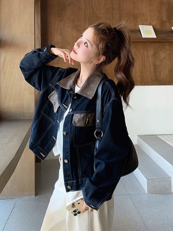 

Casual Sle PU Leather Collar Denim Jaet Women's ort Spring Autumn 2025 New Small Size Vintage Casual Jaet
