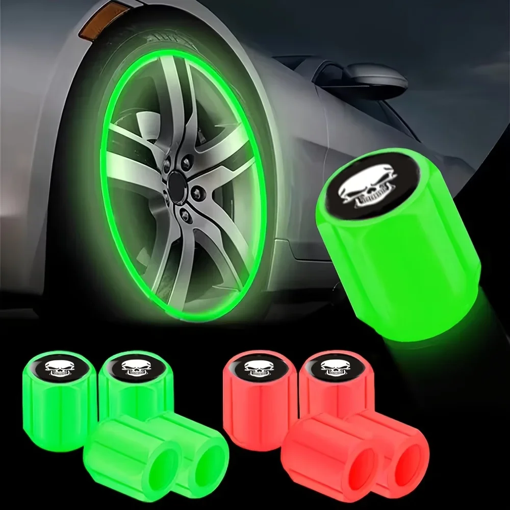 4 new fluorescent skull tire valve covers, fashionable luminous wheel hub valve caps suitable for cars - Detail 1