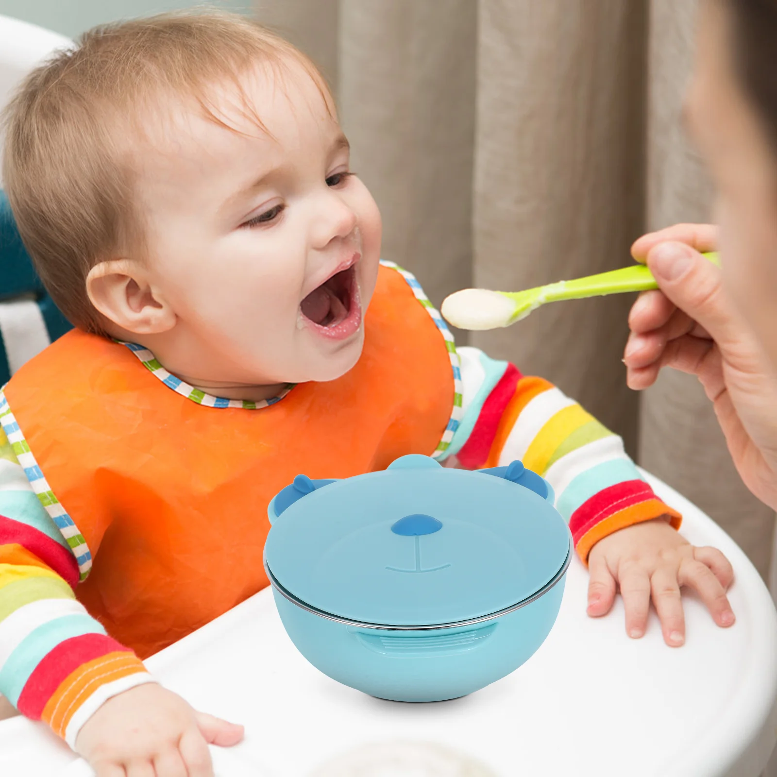 Tigela de sucção para crianças, alimentador de comida para bebê, talheres de aço inoxidável, alimentação azul