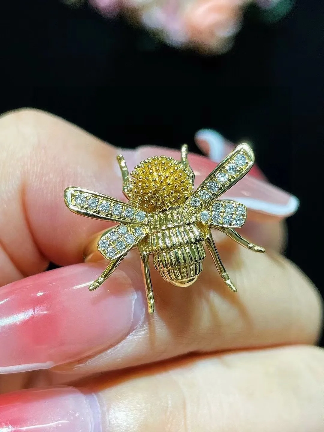 cute romantic insect bee ring 18K gold with diamond daily use fine women jewelry free shipping