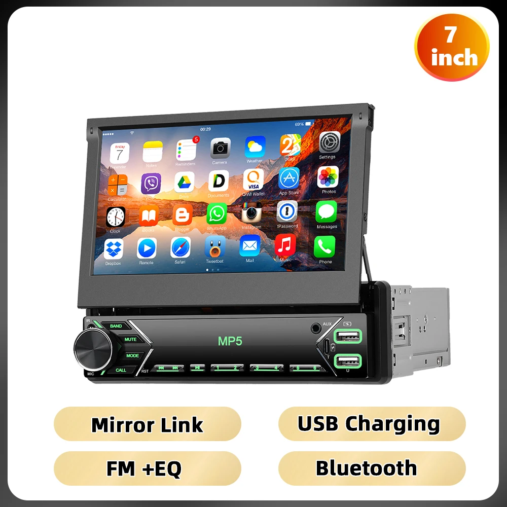 Podofo 7 ''Handmatige Intrekbare Scherm Autoradio 1din Mp5 Speler Bluetooth Fm Mirrorlink Aux Audio Usb & Type-C Poort Autoradio