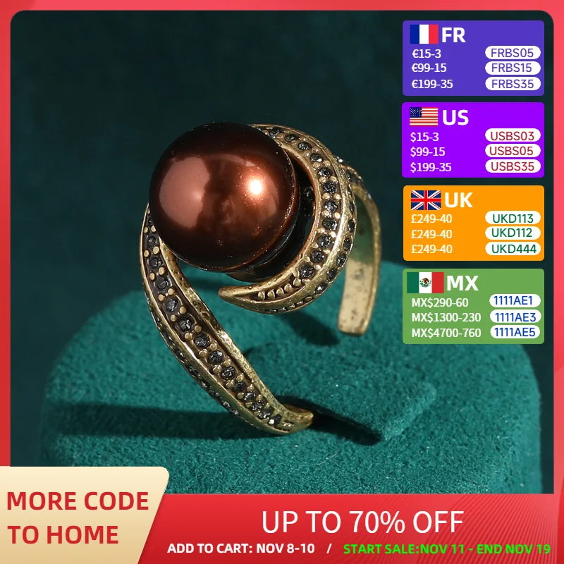 

Vintage Red Copper Pearl Black Rhinestones Jewelry Retro Accessories Wedding Ring for Women Free Shipping Geometric Shape New In