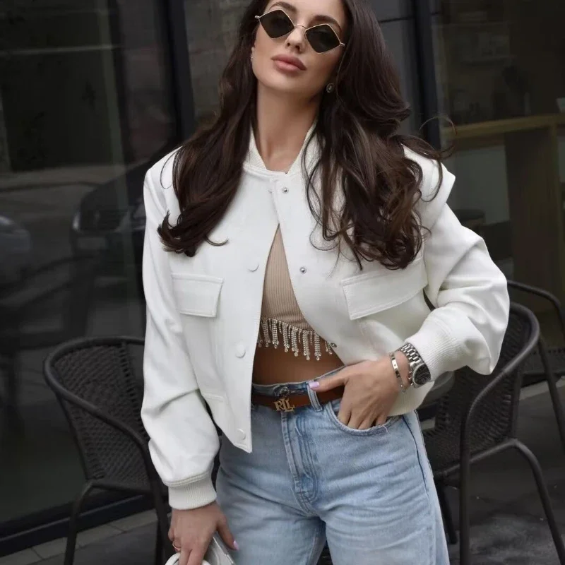 Button Baseball Cropped Jackets Woman's Elegant Solid Large Pockets Splicing Long Sleeves Loose Coat Autumn Winter New