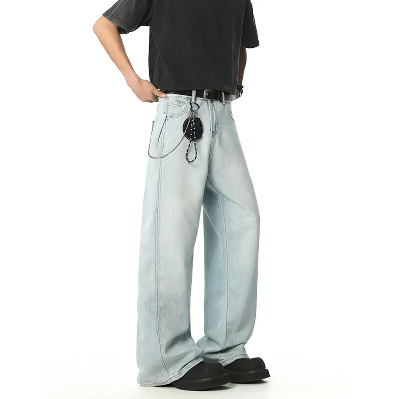 WTHT العصرية الرجال بلون المرقعة فضفاض الدنيم السراويل خمر موضة الصيف عادية عالية الخصر مستقيم الجينز الذكور 2A0321