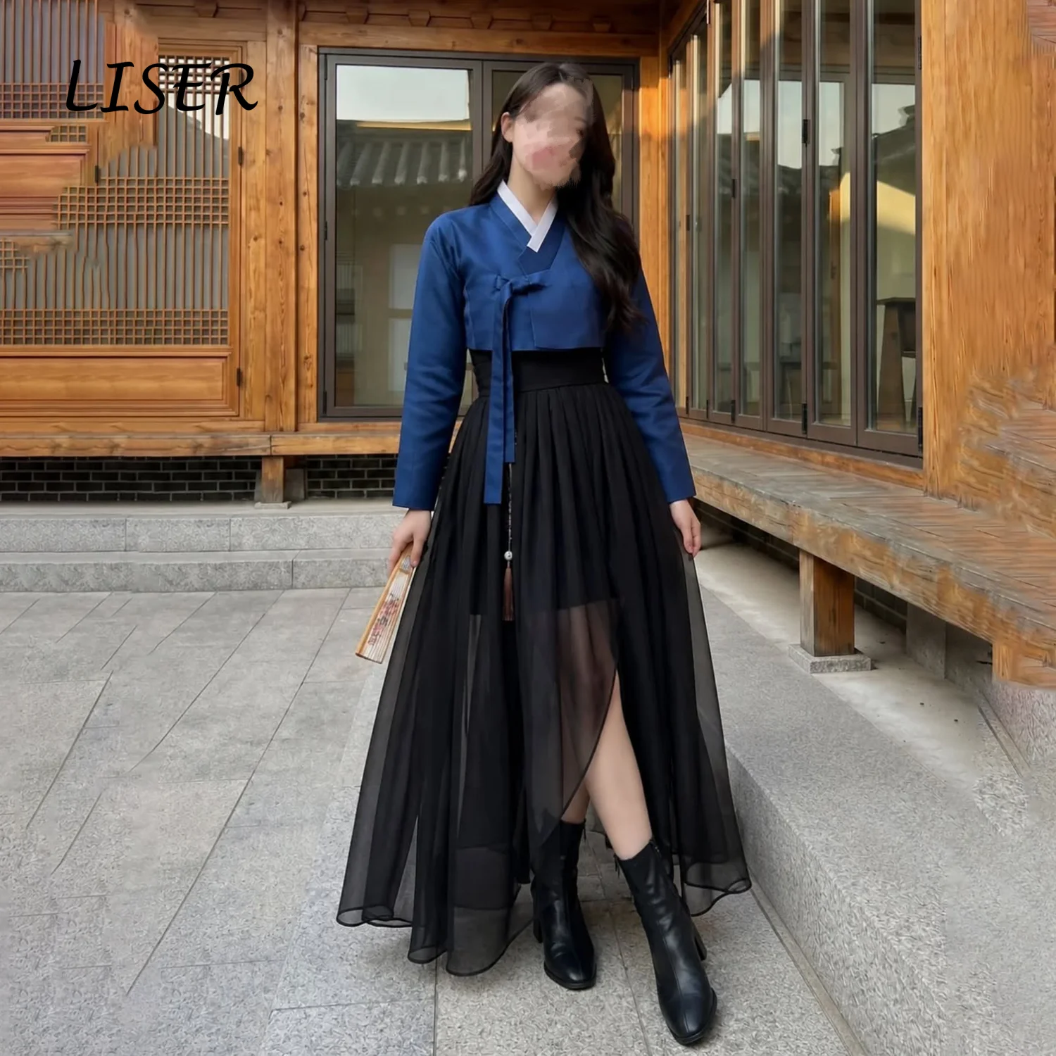 Liser Customized Modern Korean Hanbok Two Piece Outfit Navy Long Sleeve Crop Top Black Sheer Split Tulle Maxi Skirt Women Party