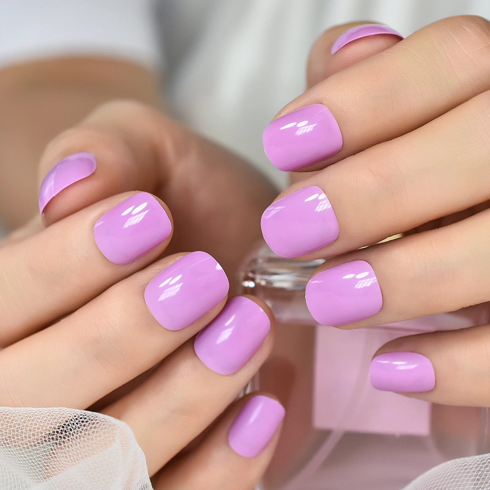 Stampa rotonda corta lucida sulle unghie Manicure artificiale Stick riutilizzabile su unghie finte Punte per nail art in acrilico falso rosa viola