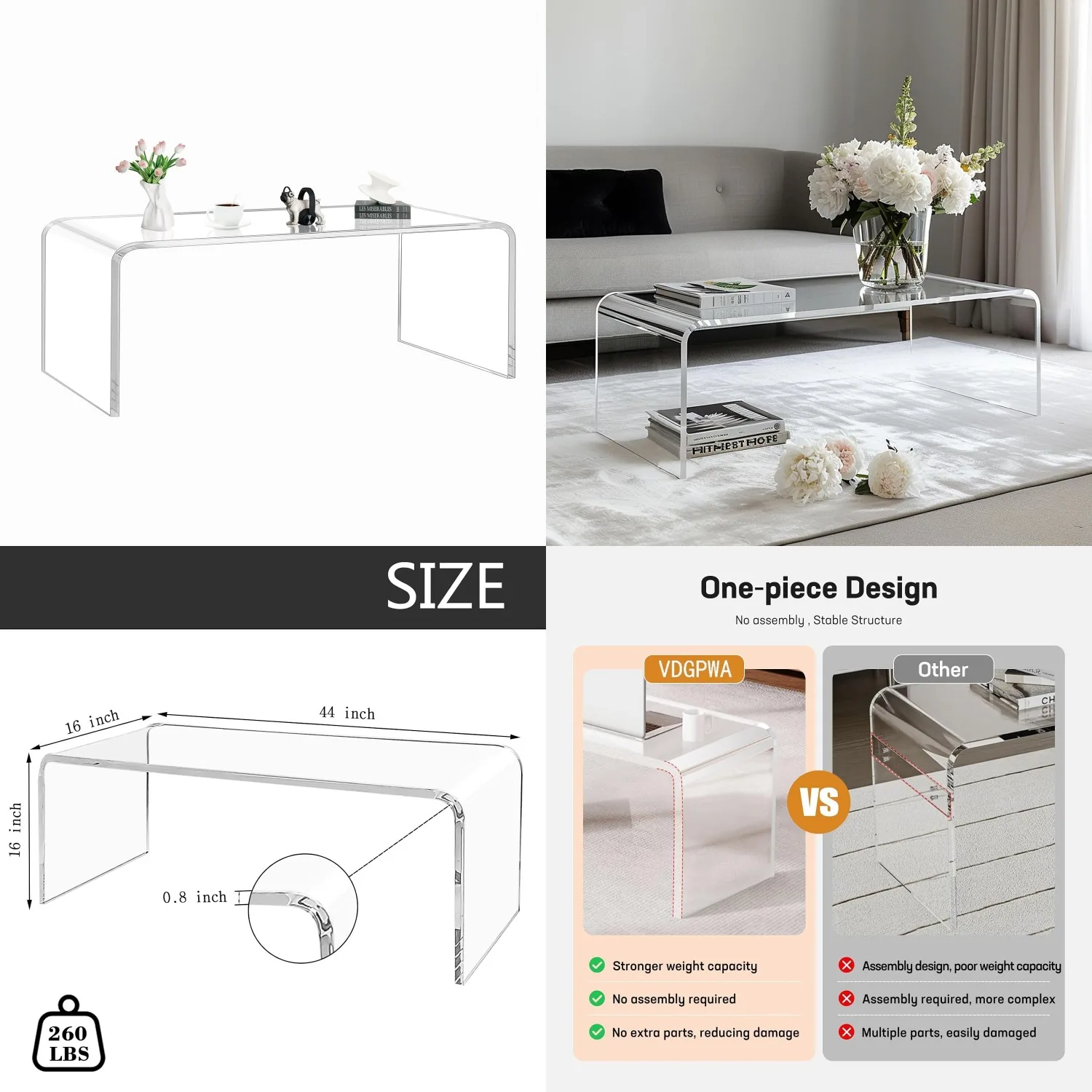 

Clear Acrylic Coffee Table Waterfall Modern Living Room Office Bedroom 44x16x16in 20mm Thick 260lbs Capacity, Customized